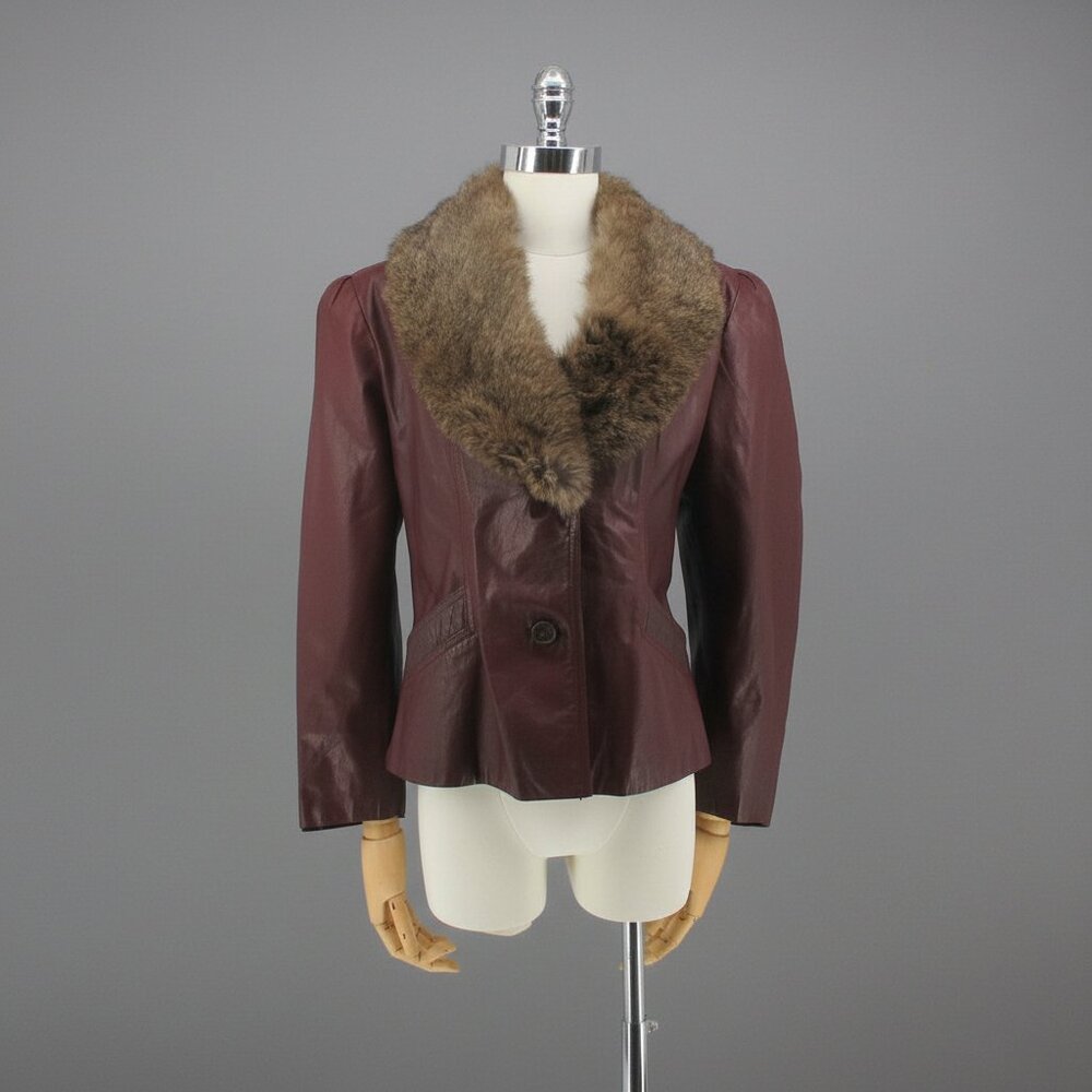 Vintage 70s Burgundy Leather Blazer Jacket Genuine Fur Trim S